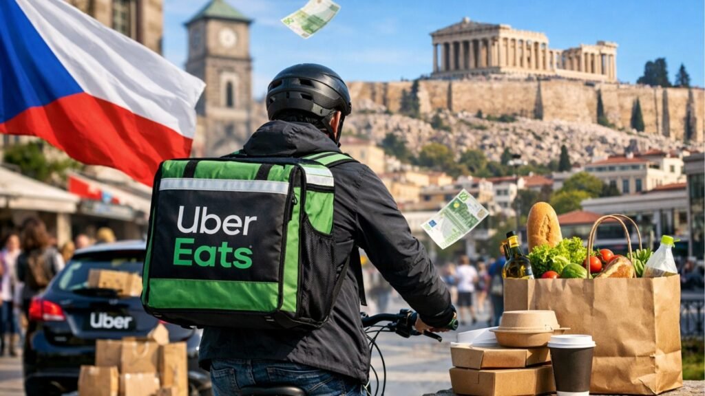 Photorealistic scene of an Uber Eats delivery rider cycling through a European cityscape featuring Prague and Athens landmarks, symbolizing Uber’s expansion of delivery services into new European markets and projected billion-dollar growth in gross bookings.