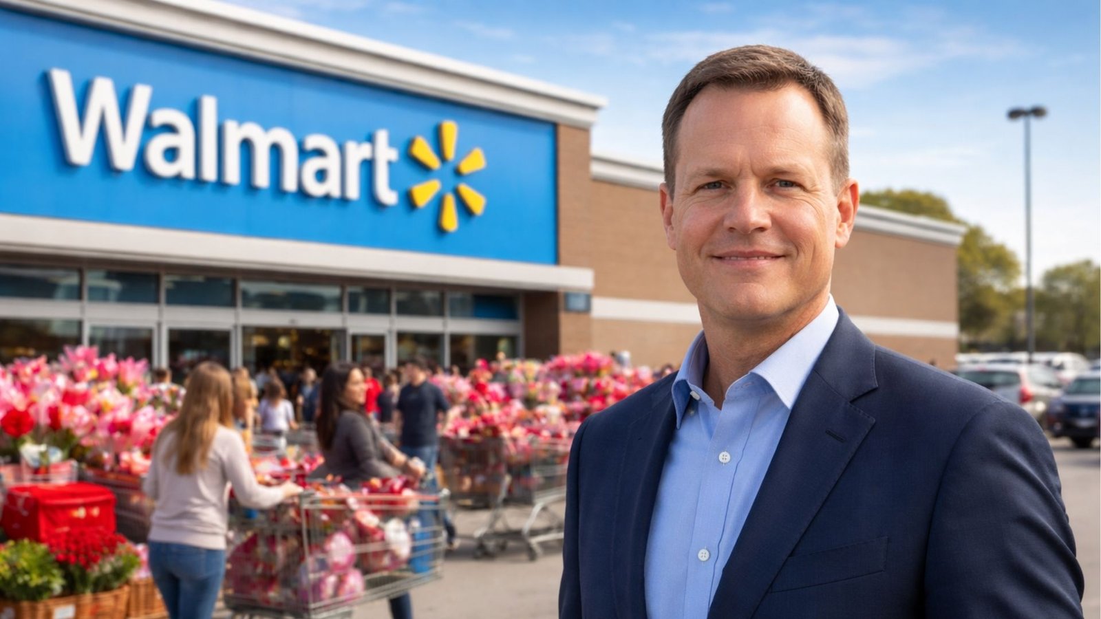 Photorealistic wide-angle view of a Walmart store exterior with active shoppers and seasonal Valentine’s Day displays, symbolizing U.S. retail consumer spending trends as markets focus on Walmart earnings under new CEO John Furner.