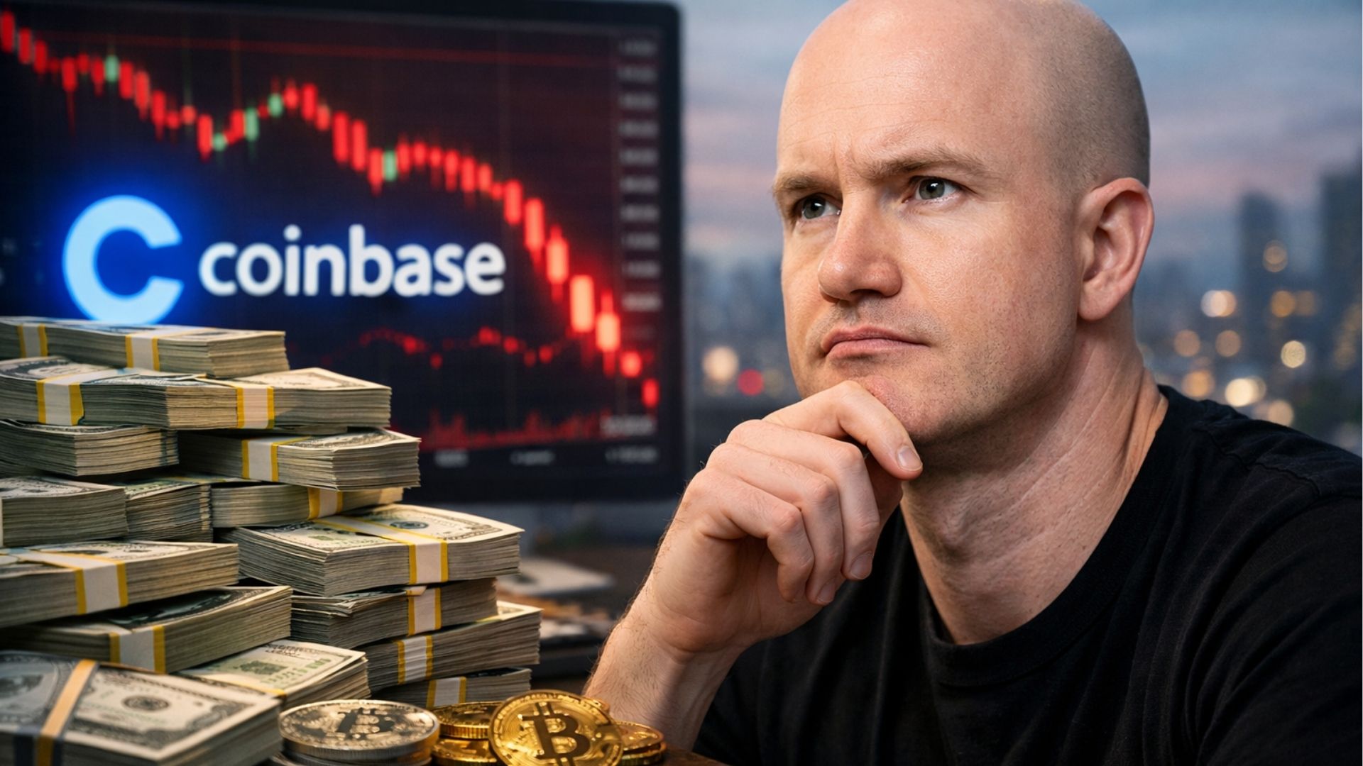Photorealistic 16:9 thumbnail showing Coinbase CEO Brian Armstrong in deep thought beside stacks of US dollars and Bitcoin coins, with a red crypto market chart and Coinbase logo in the background, symbolizing insider selling, executive risk signals, and cryptocurrency market uncertainty.