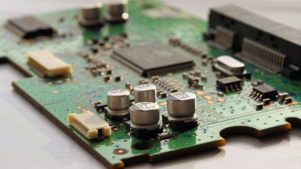 A close-up of a green circuit board with microchips and capacitors, illustrating Jabil's manufacturing scale and the margin risks discussed in the $28B market cap analysis.