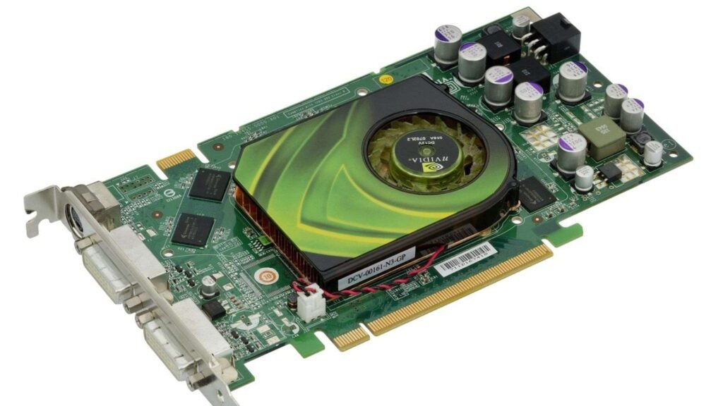 Nvidia GeForce 7900 GS graphics card (DCV-00161-N3-GP OEM model) featuring green PCB, large black heatsink with green swirling fan design, symbolizing Nvidia’s surging $1 trillion data center revenue path through 2027 amid emerging risks in the AI boom.